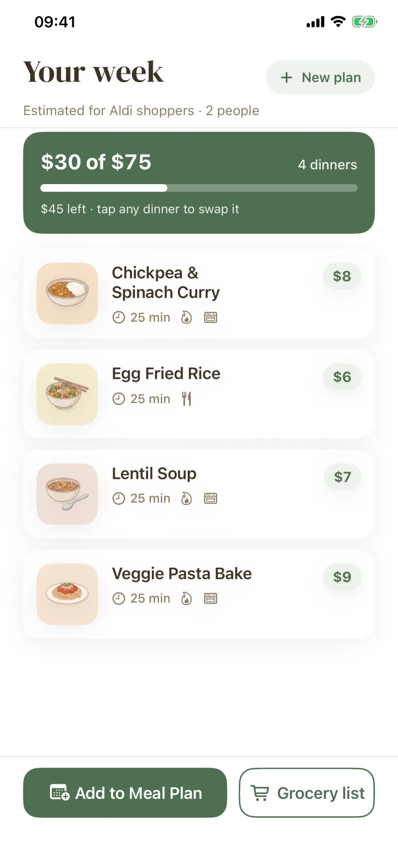 The Platter app showing a week of meals with the budget at the top