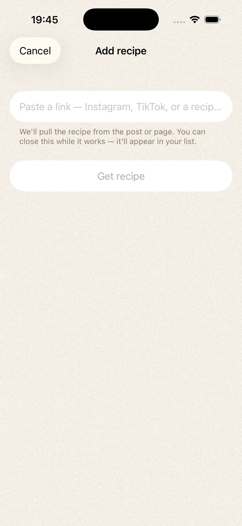 Adding a recipe in Platter by pasting a link from Instagram, TikTok, or a recipe site