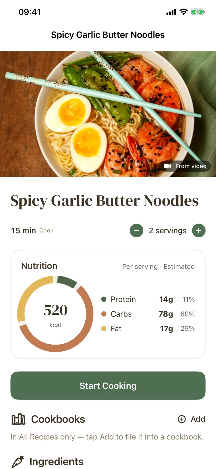 The Platter app showing calories and macros on a recipe